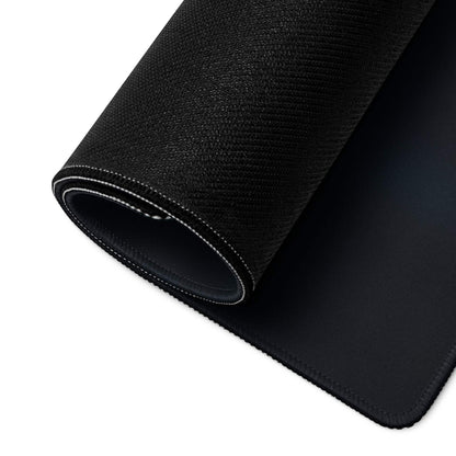 Large black textured gaming mousepad with stitched edges and orange leaf design
