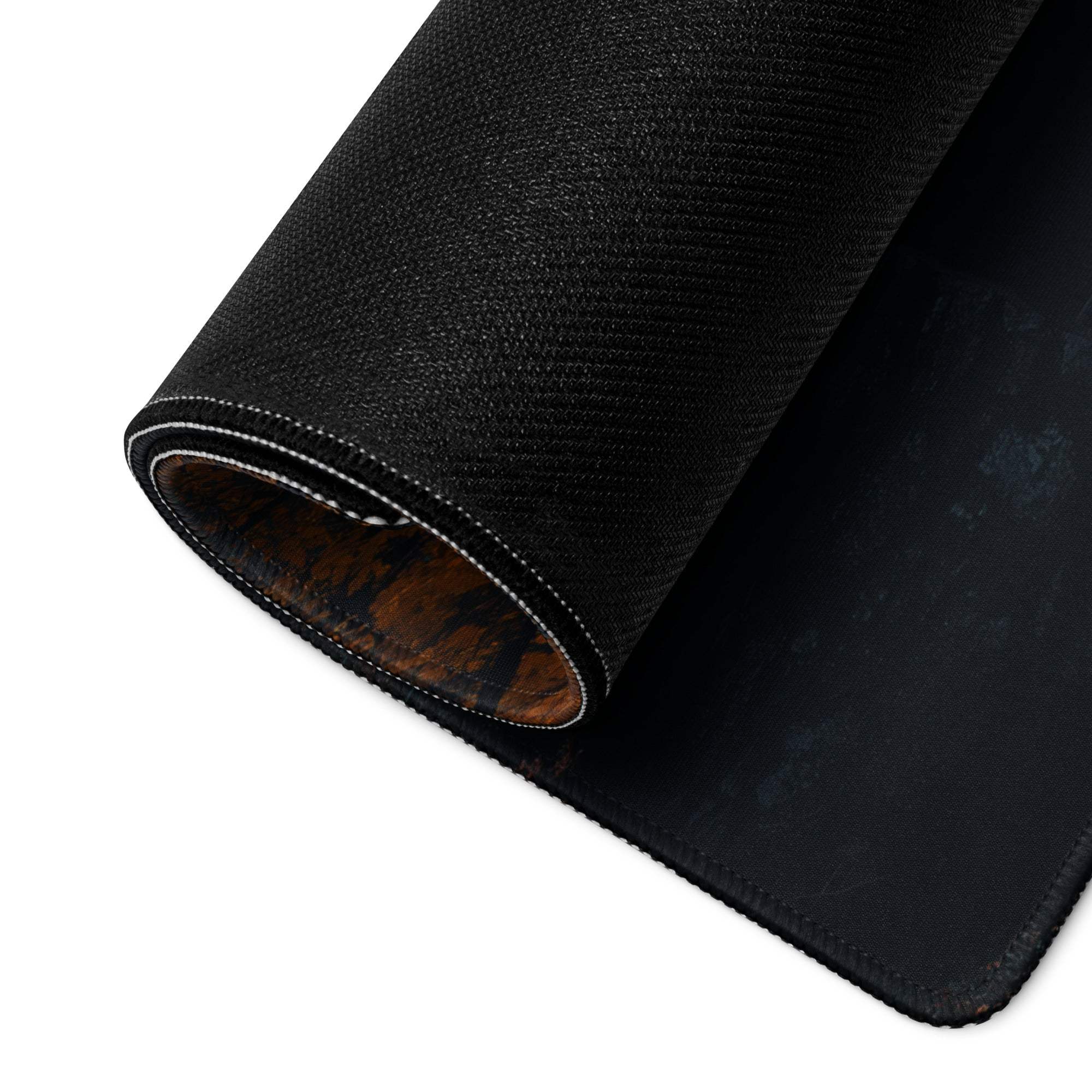 Black textured Moody Autumn Forest gaming mousepad with white stitched edge