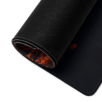 Black textured gaming mousepad with orange leaf pattern on rolled edge