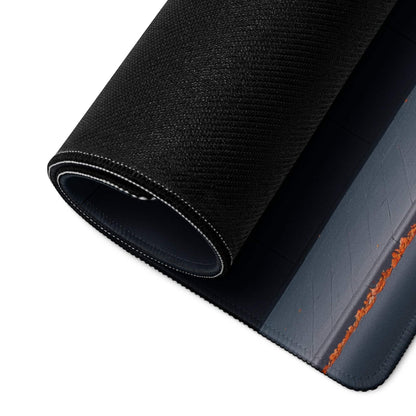 Black textured gaming mousepad with orange stitched border and Artistic Autumn design