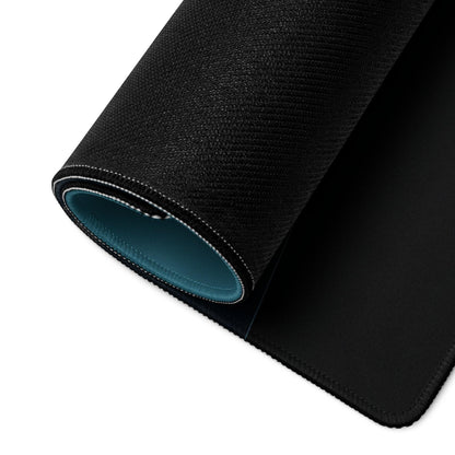 Black textured gaming mouse pad back with teal lining, stitched edges