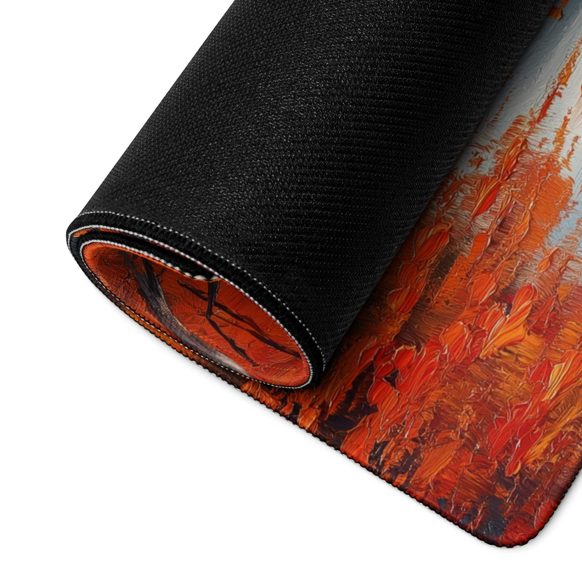 Rolled oil painted autumn forest gaming mousepad in orange tones
