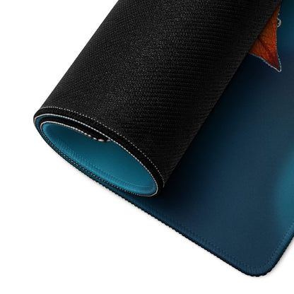 Black textured gaming mousepad with teal lining, orange blue Autumn Leaves stitching