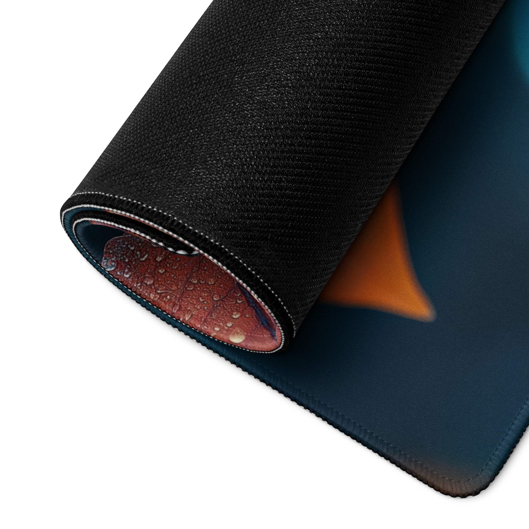 Black textured Autumn Leaves gaming mousepad with rolled orange-red edge