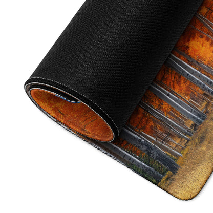 Black autumn forest gaming mouse pad with orange trees, non-slip base