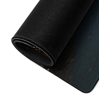Black textured gaming mousepad with autumn forest gradient, white stitched edge