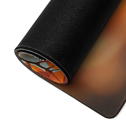 Black textured gaming mousepad rolled edge reveals orange brown autumn leaf design