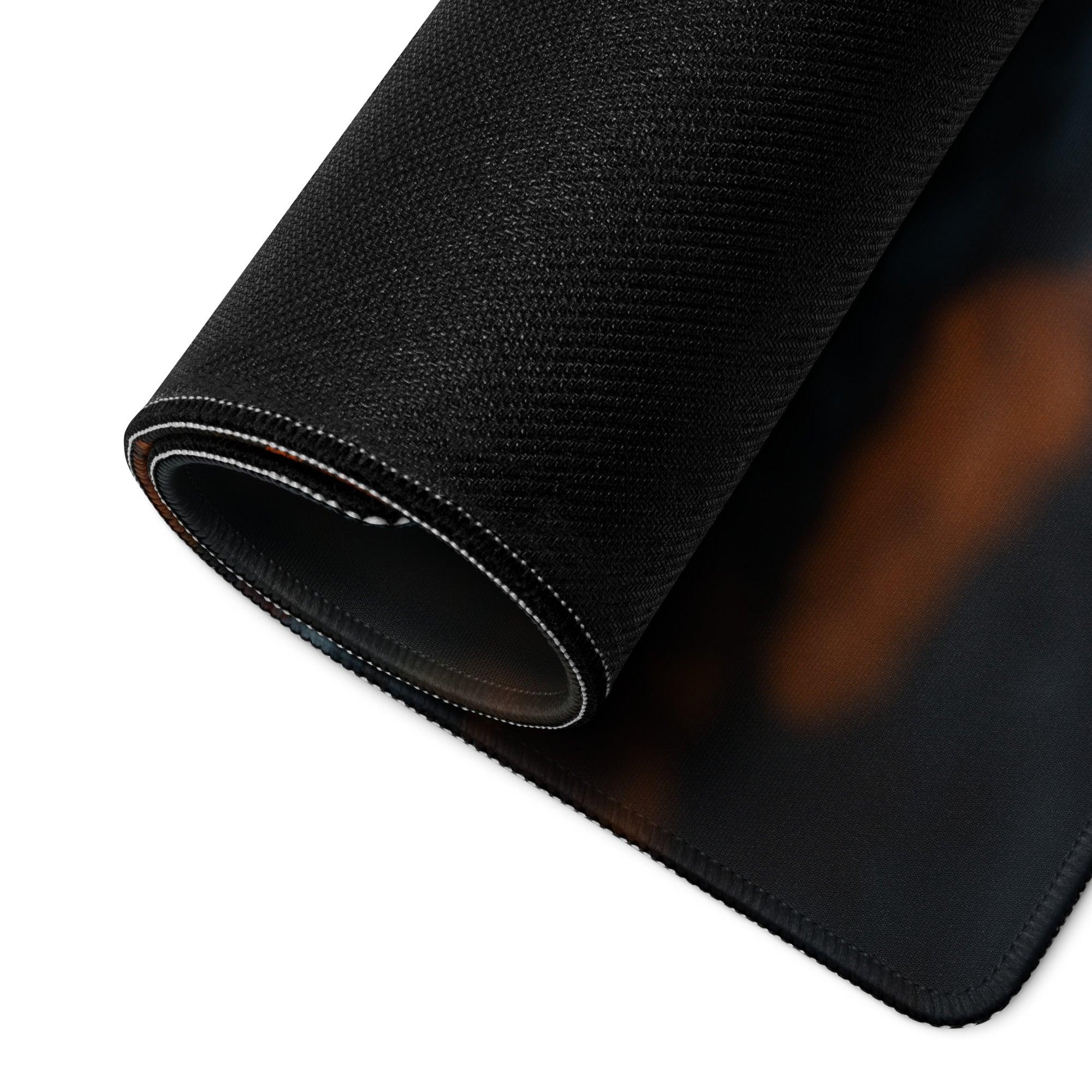 Black textured Moody Forest Night gaming mousepad with white edge stitching