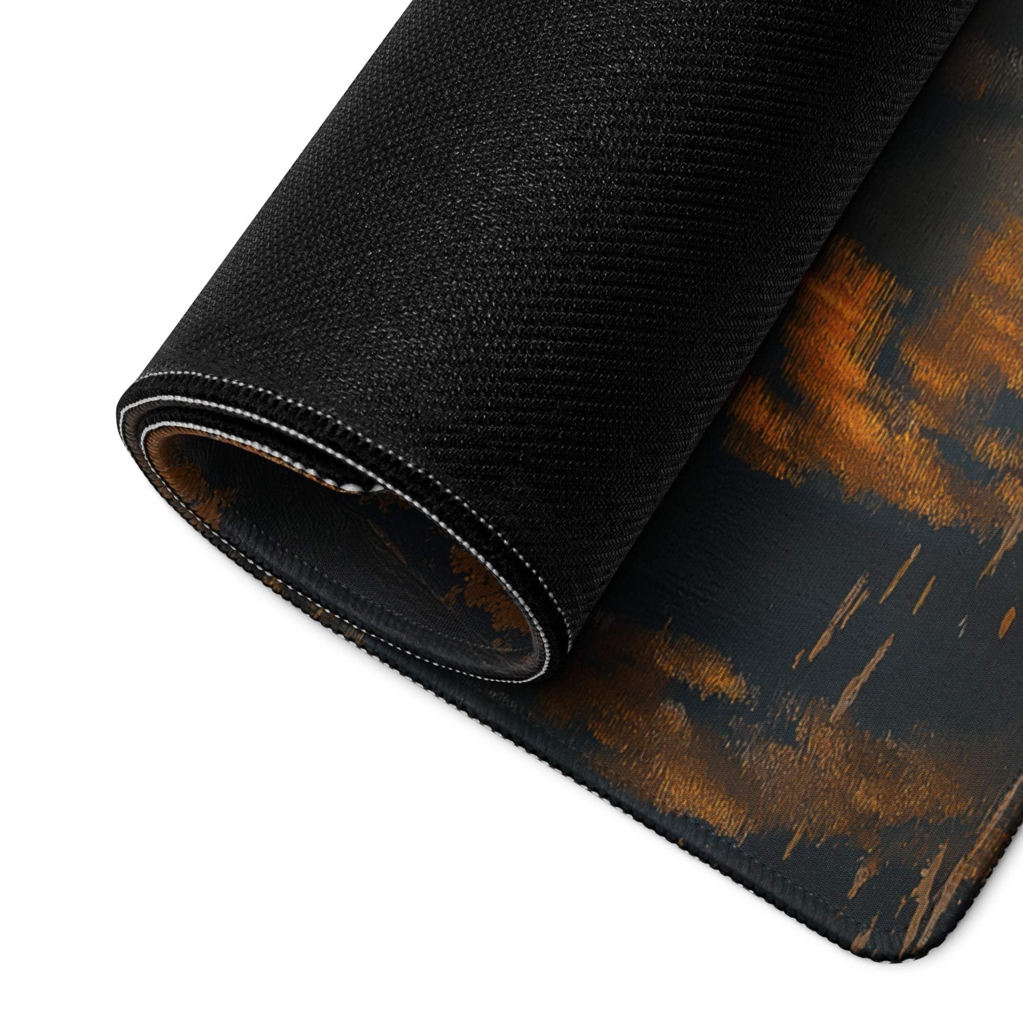 Autumn Forest Riverside gaming mouse pad with orange-brown brushstroke design