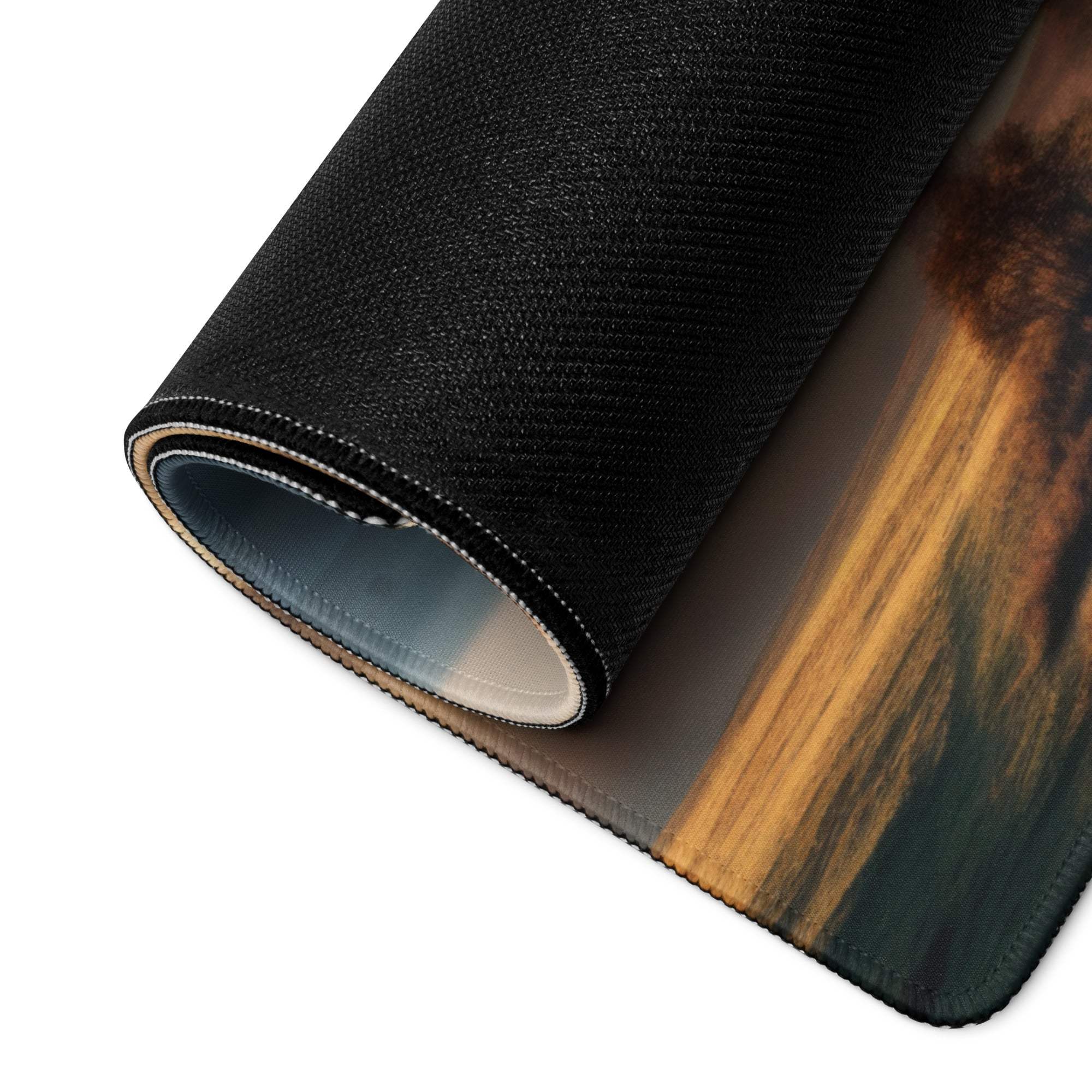 Epic Landscape Warm Mist large gaming mouse pad with golden brown landscape design