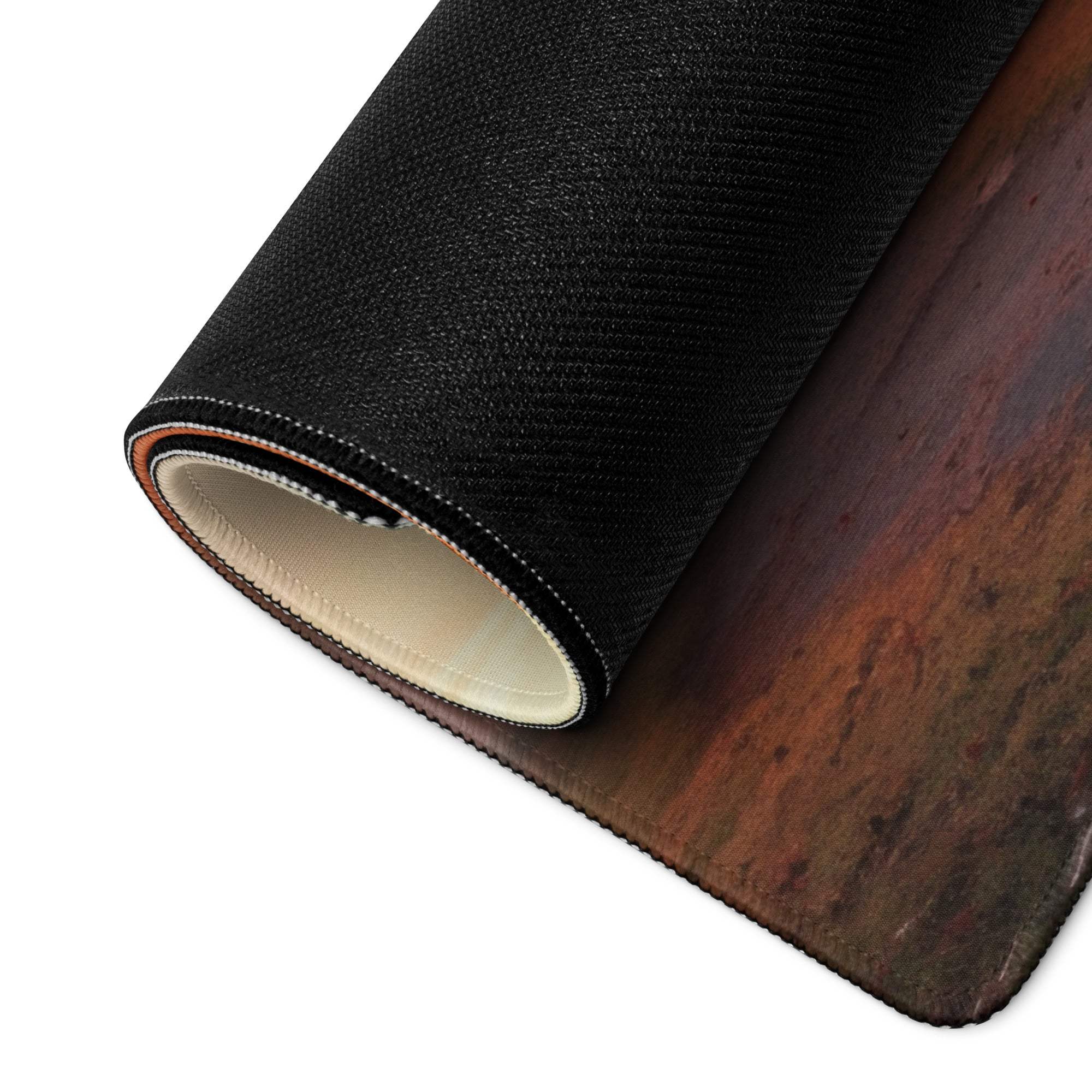 Black textured wooden grain mousepad with beige lining and non-slip backing