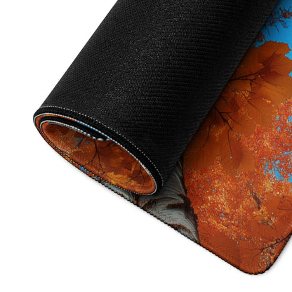 Rolled-up Autumn Forest gaming mouse pad with orange leaves, blue sky