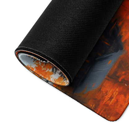 Black rolled Autumn Lake Cabin gaming mousepad with fiery orange gray artwork