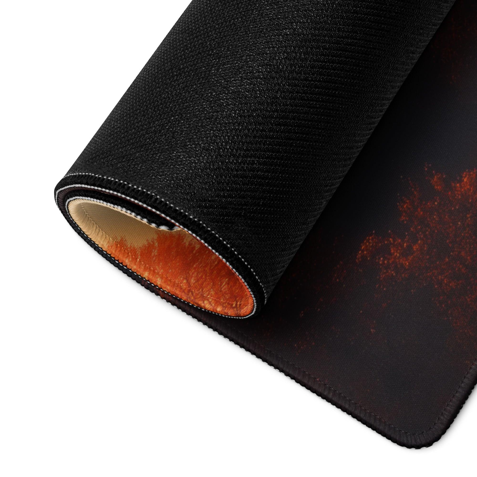 Black textured gaming mousepad with fiery orange design and orange underside