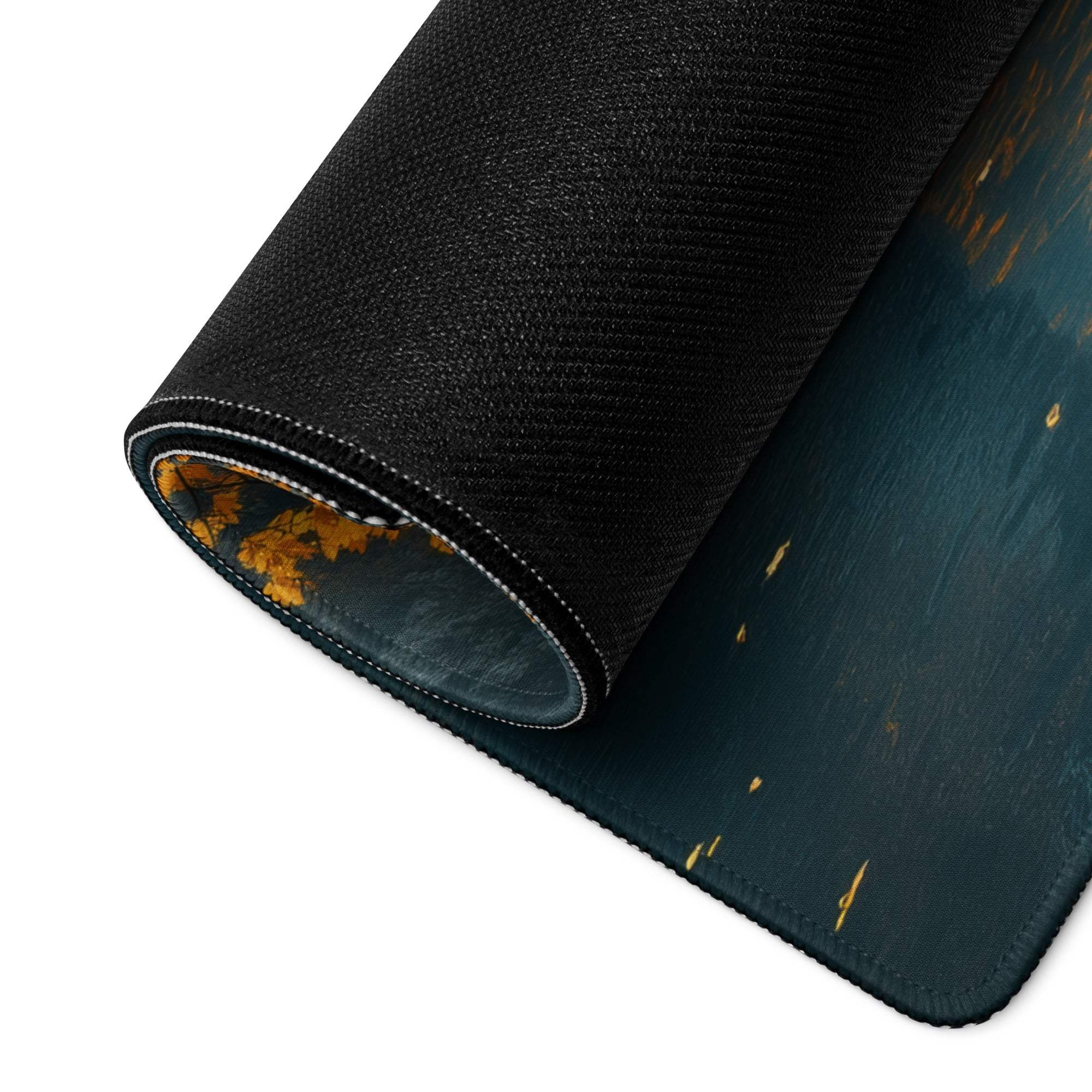 Rolled dark teal Autumn Orange Leaves gaming mousepad with non-slip backing
