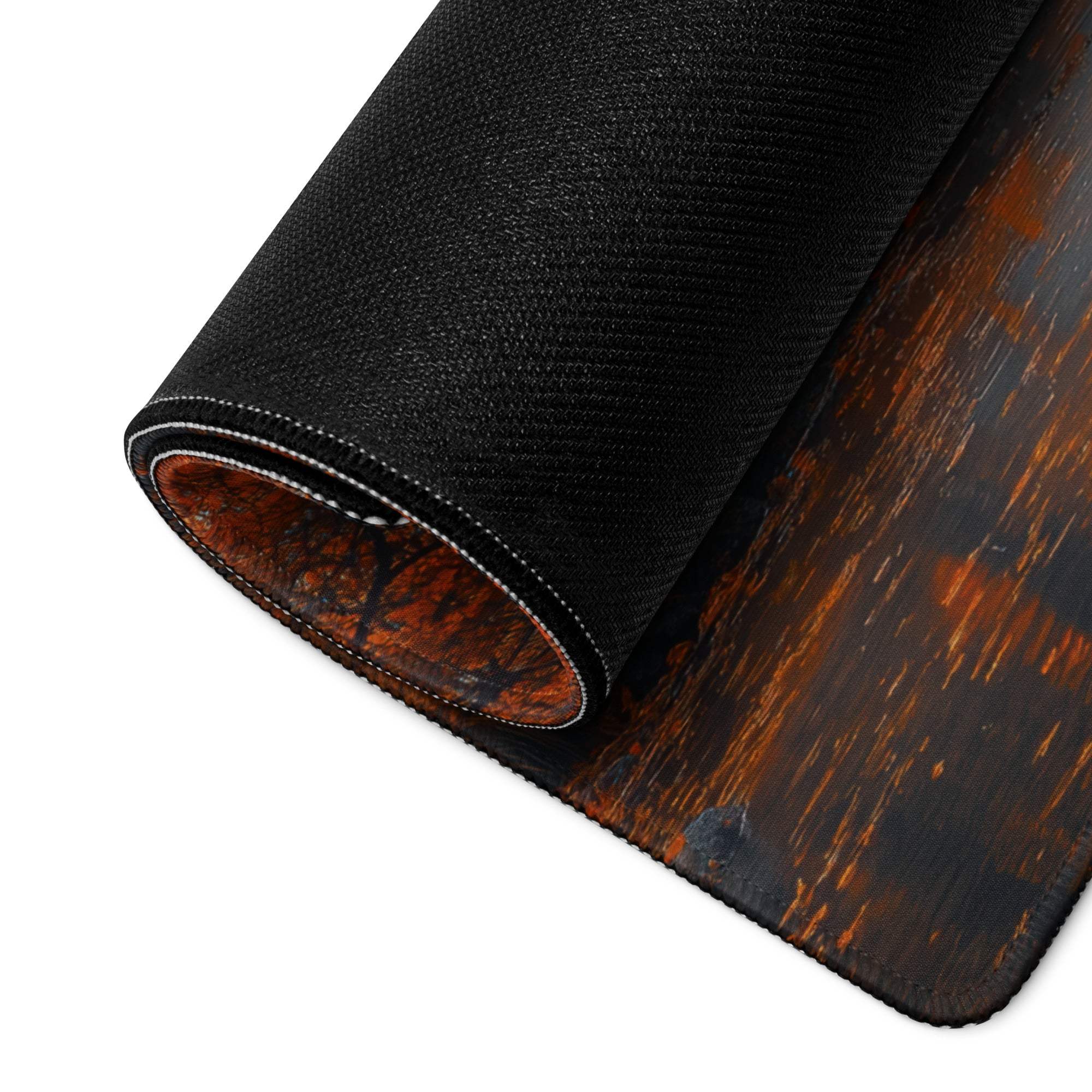 Autumn Forest Scene gaming mouse pad with black textured wood grain design