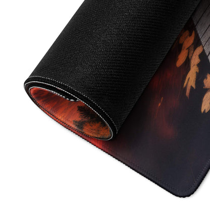 Black gaming mousepad with fiery orange red autumn leaf design