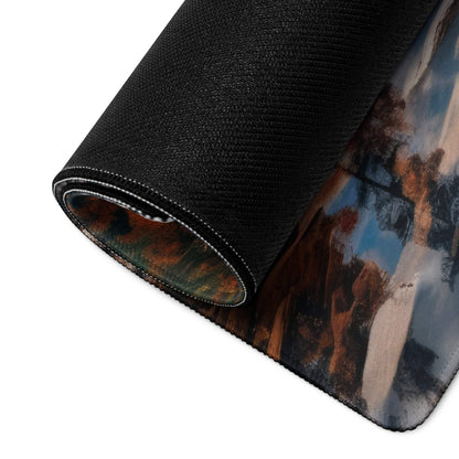Large Autumn Forest Lake gaming mouse pad with black textured print, non-slip base, stitched edges