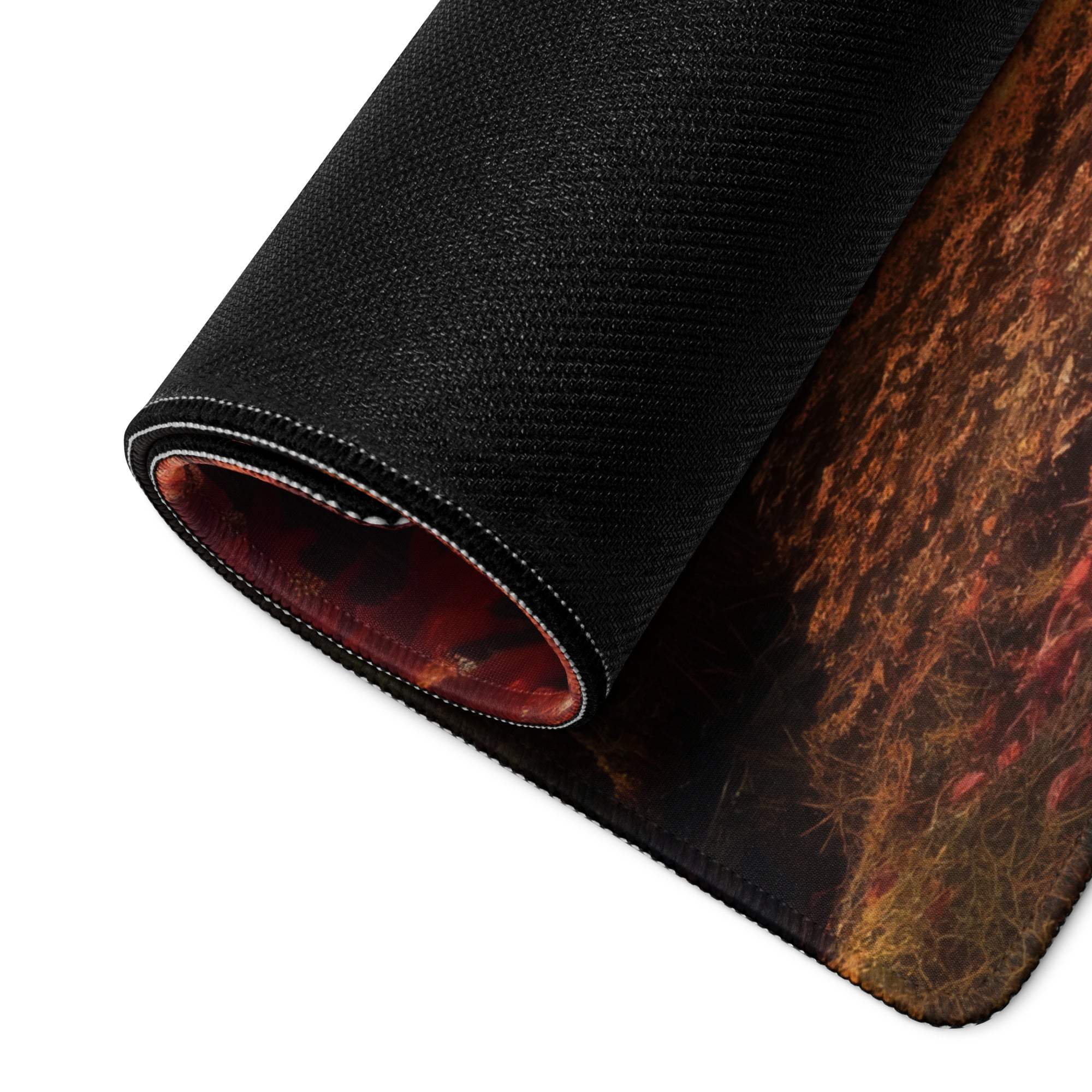 Large Autumn Forest Lake gaming mouse pad with fiery orange design and red lining