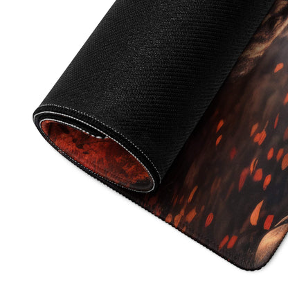 Black gaming mousepad with fiery orange red Autumn Forest River design