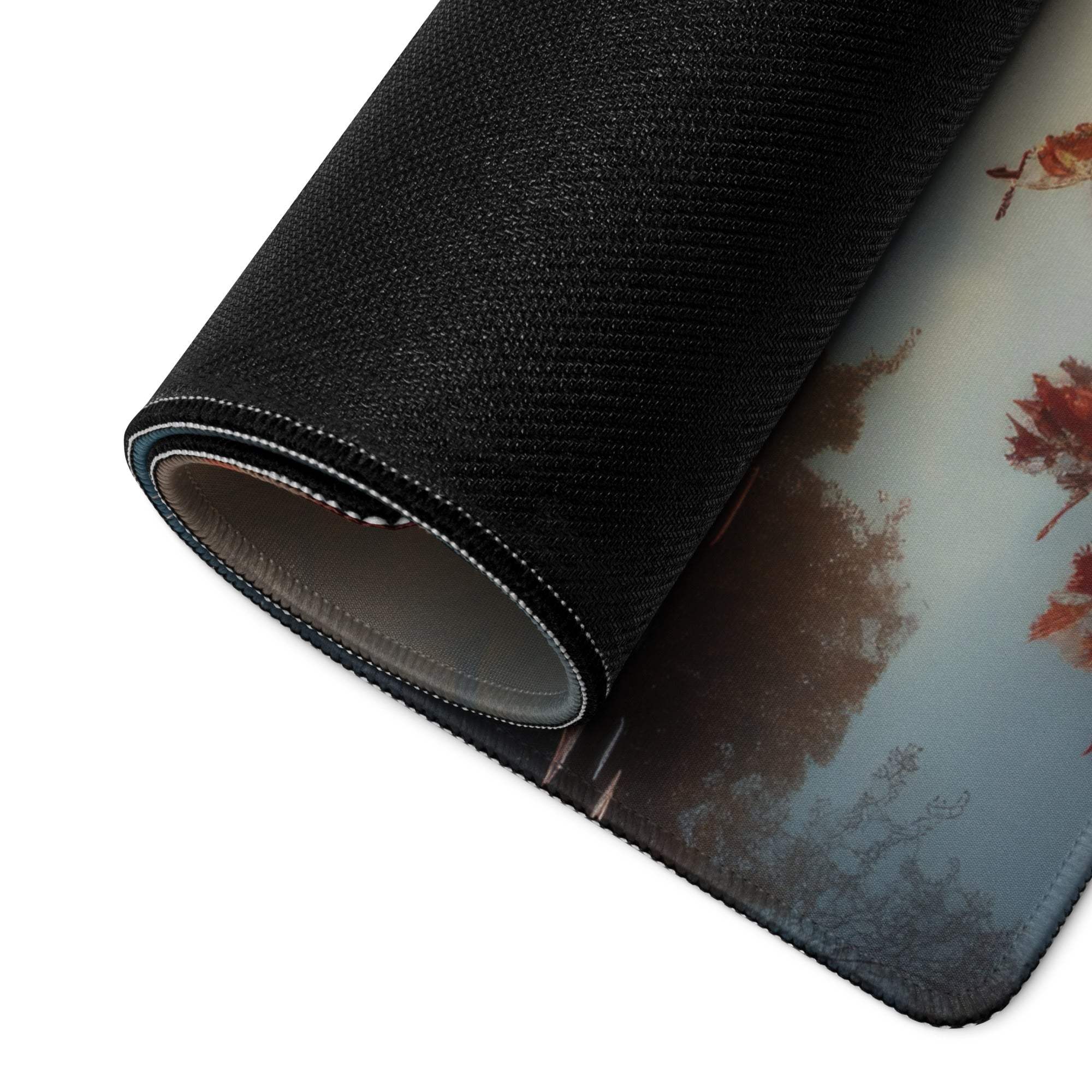 Large Autumn Lake Boat Scene gaming mouse pad with black textured back, non-slip base