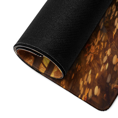 Black textured gaming mousepad with autumn leaves rolled edge design