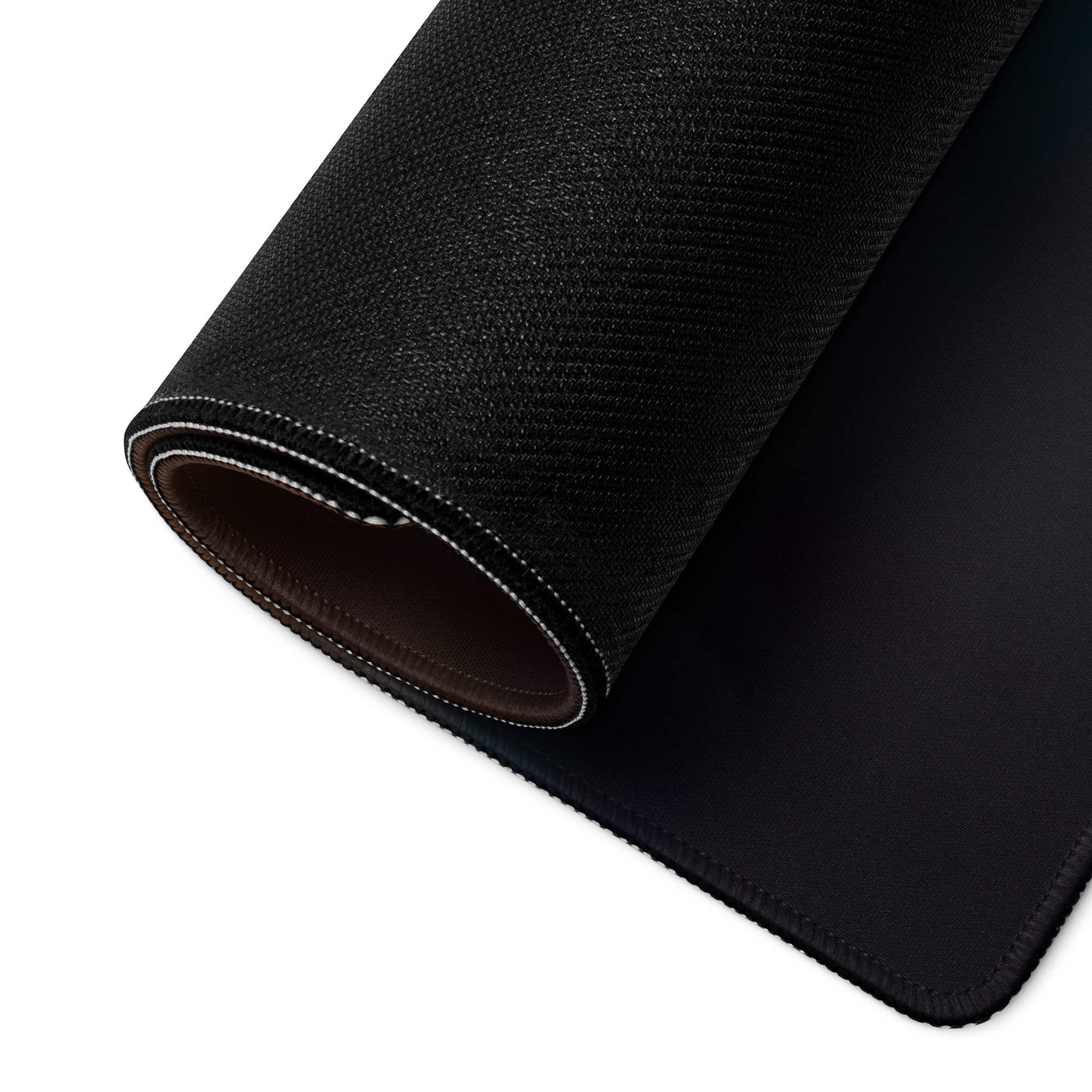 Black textured gaming mousepad with brown lining, stitched edges, non-slip base