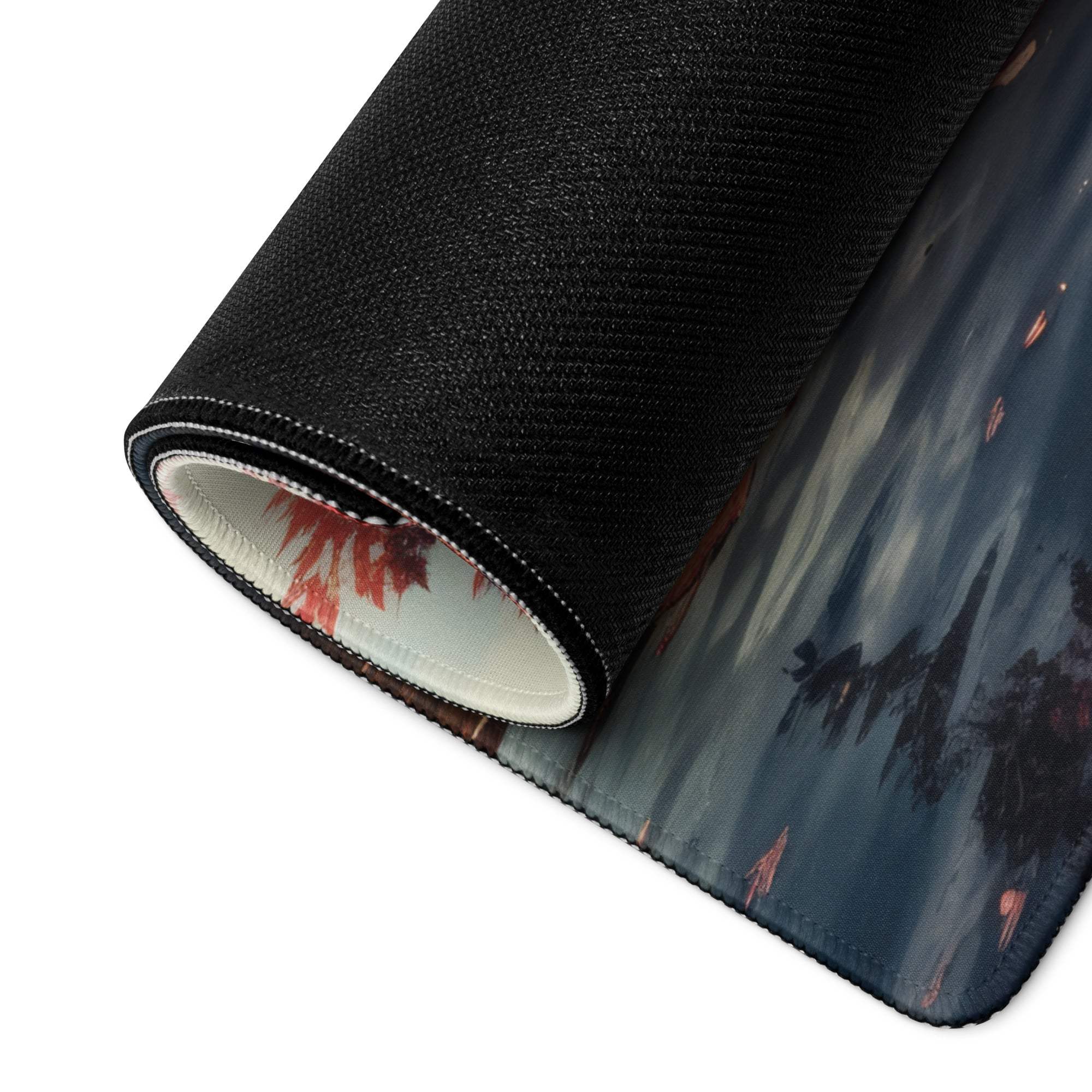 Black textured Autumn Forest gaming mousepad with red accents and moody silhouettes