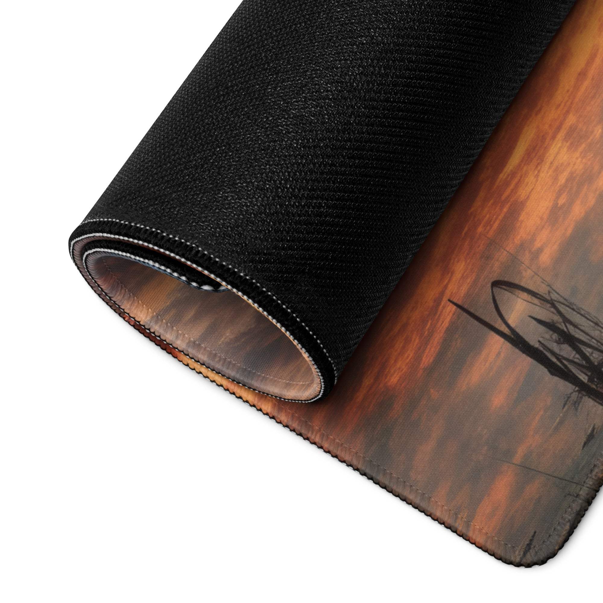 Black textured wood grain mousepad with stitched edges, large gaming size