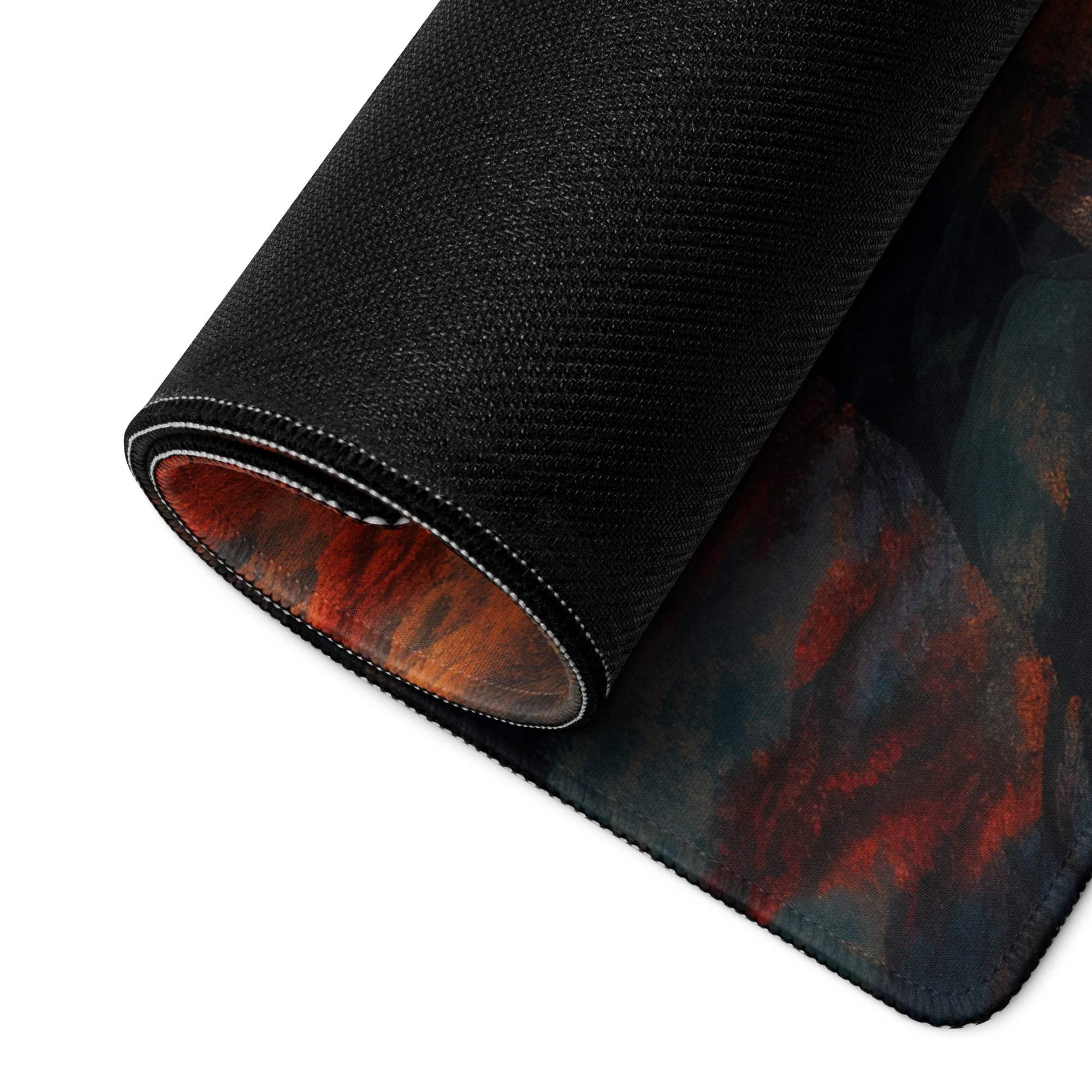 Vibrant autumn forest river gaming mouse pad with red orange textured design