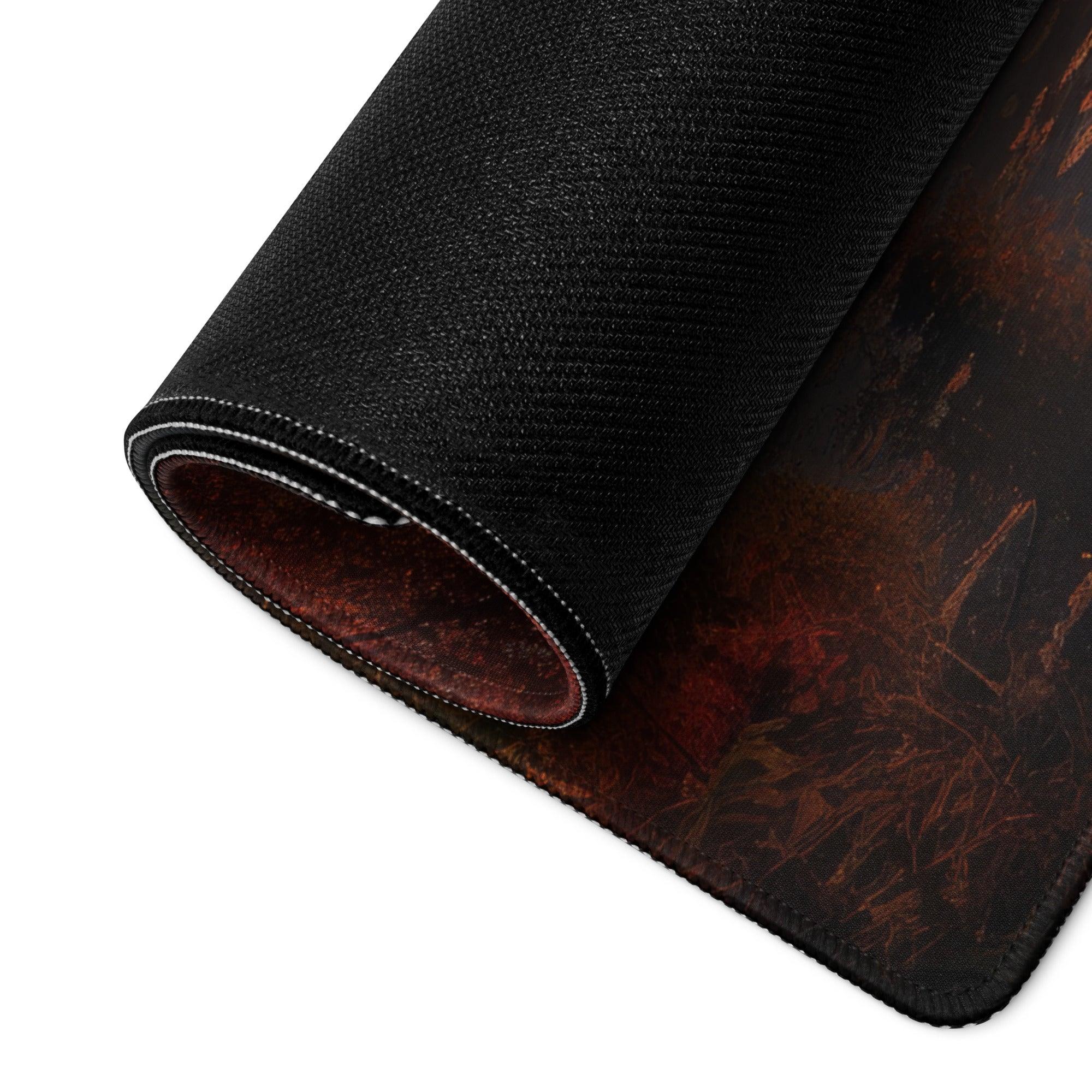 Autumn Sunset Forest large gaming mousepad with black textured dark red brown design and stitched edge