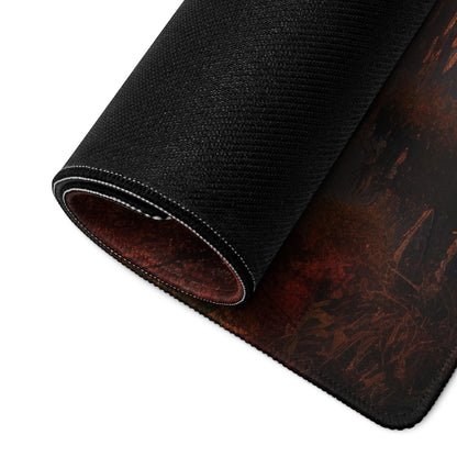 Autumn Sunset Forest large gaming mousepad with black textured dark red brown design and stitched edge