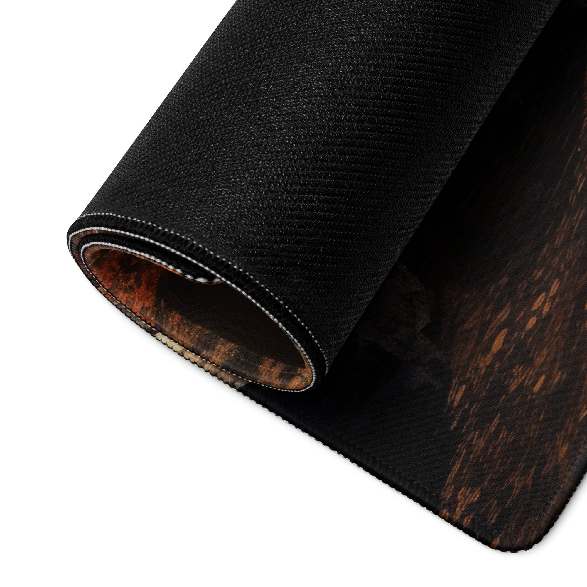 Autumn Forest Scene gaming mouse pad with black wood-grain texture and white stitching