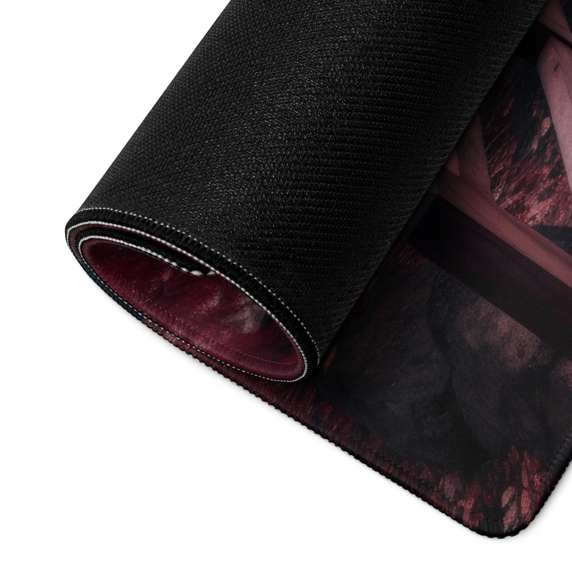 Black textured gaming mousepad with serene autumn forest bridge scene