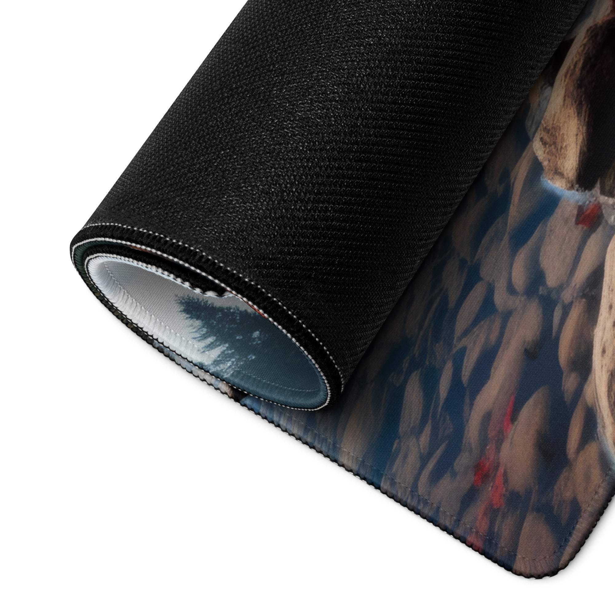 Autumn Forest large non-slip gaming mouse pad with black textured rolled edge landscape design