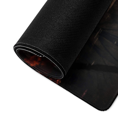 Black textured gaming mousepad with rolled edge and red-orange Autumn Forest graphic seam