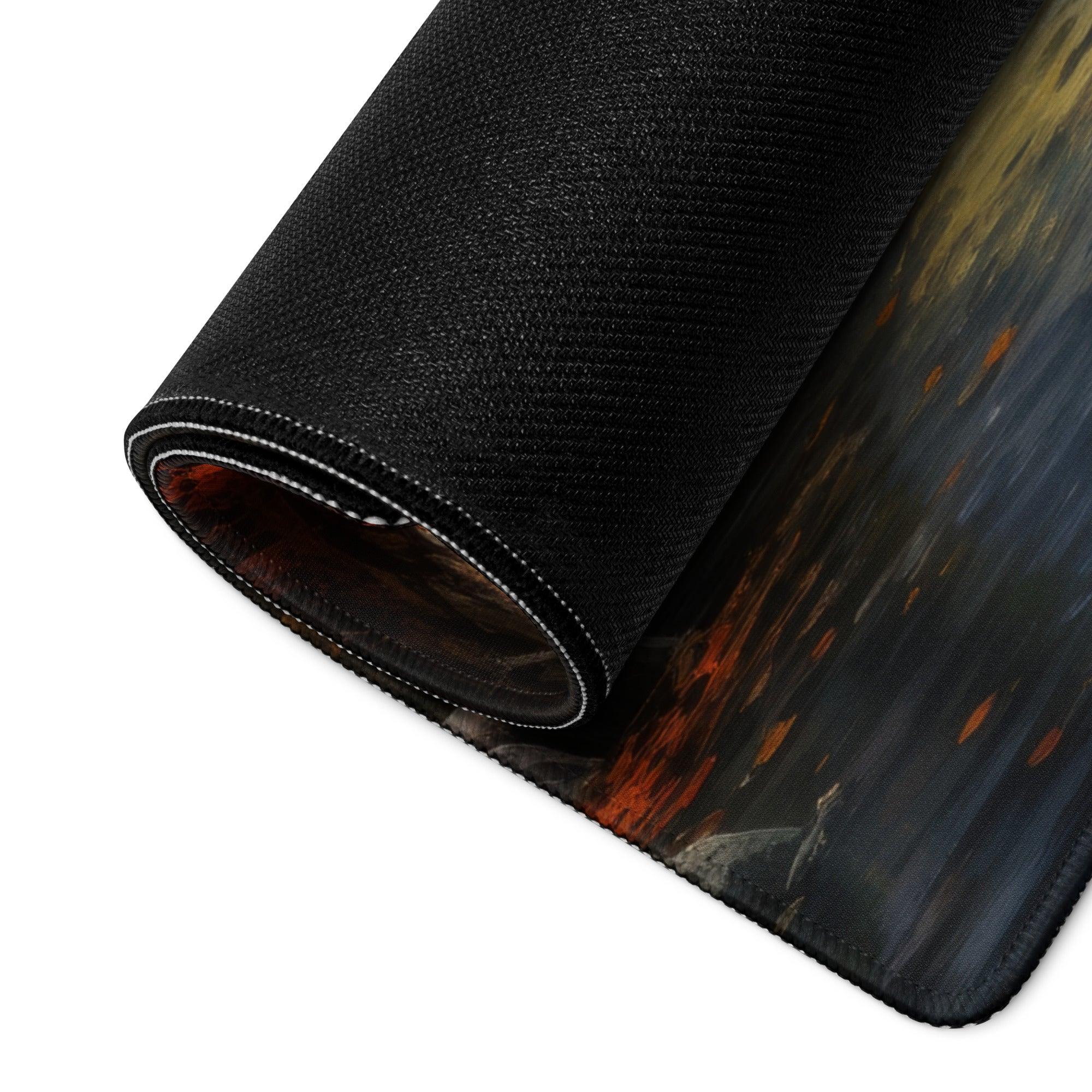 Large nature-inspired autumn forest gaming mouse pad with fiery orange textured design and non-slip base