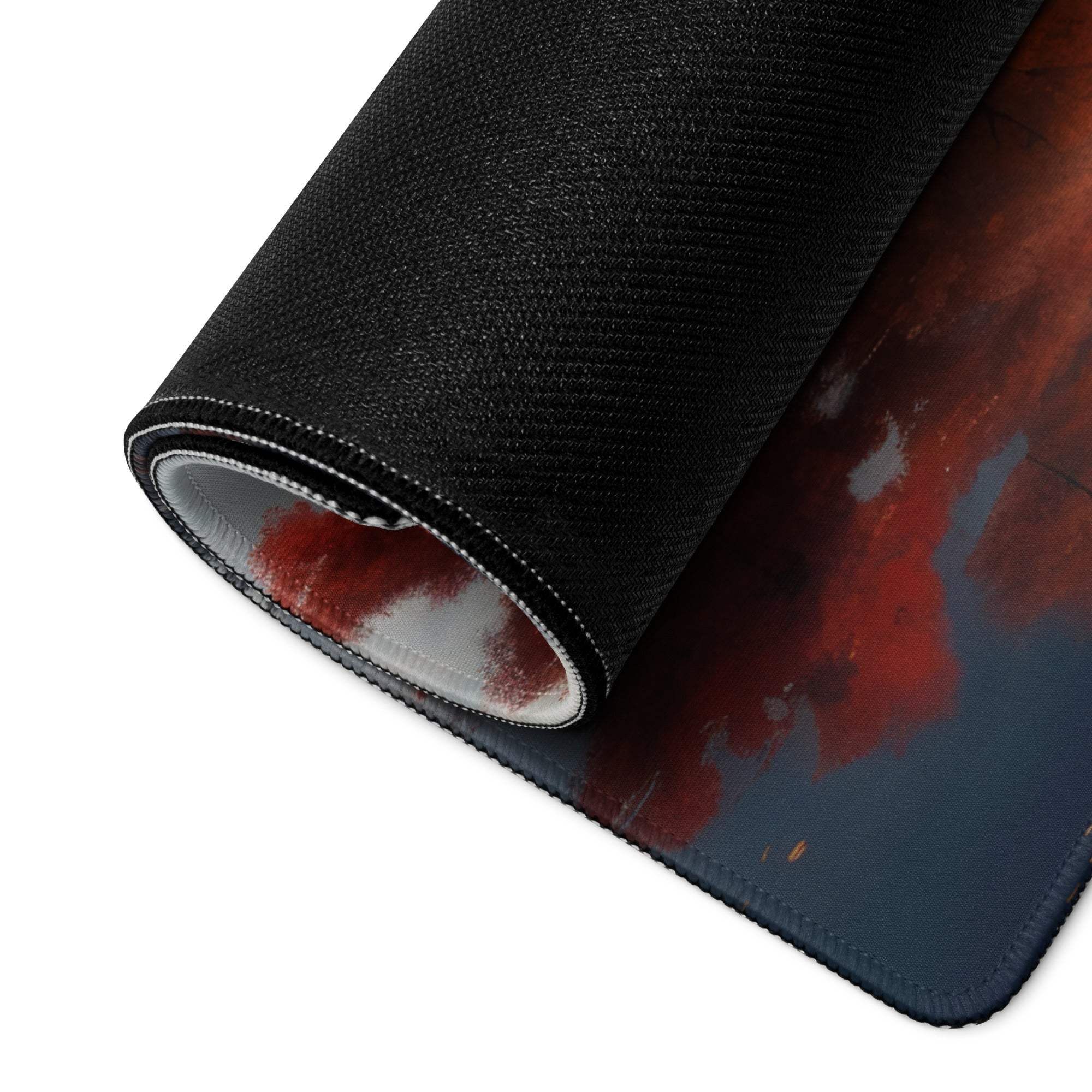 Black textured Autumn Lake Cabin gaming mouse pad with red blue design