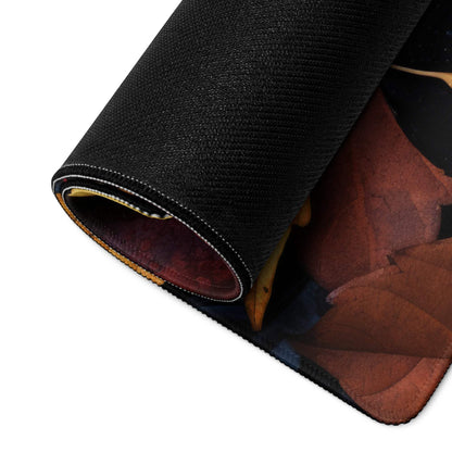 Black textured gaming mousepad rolled edge reveals vibrant autumn leaves design
