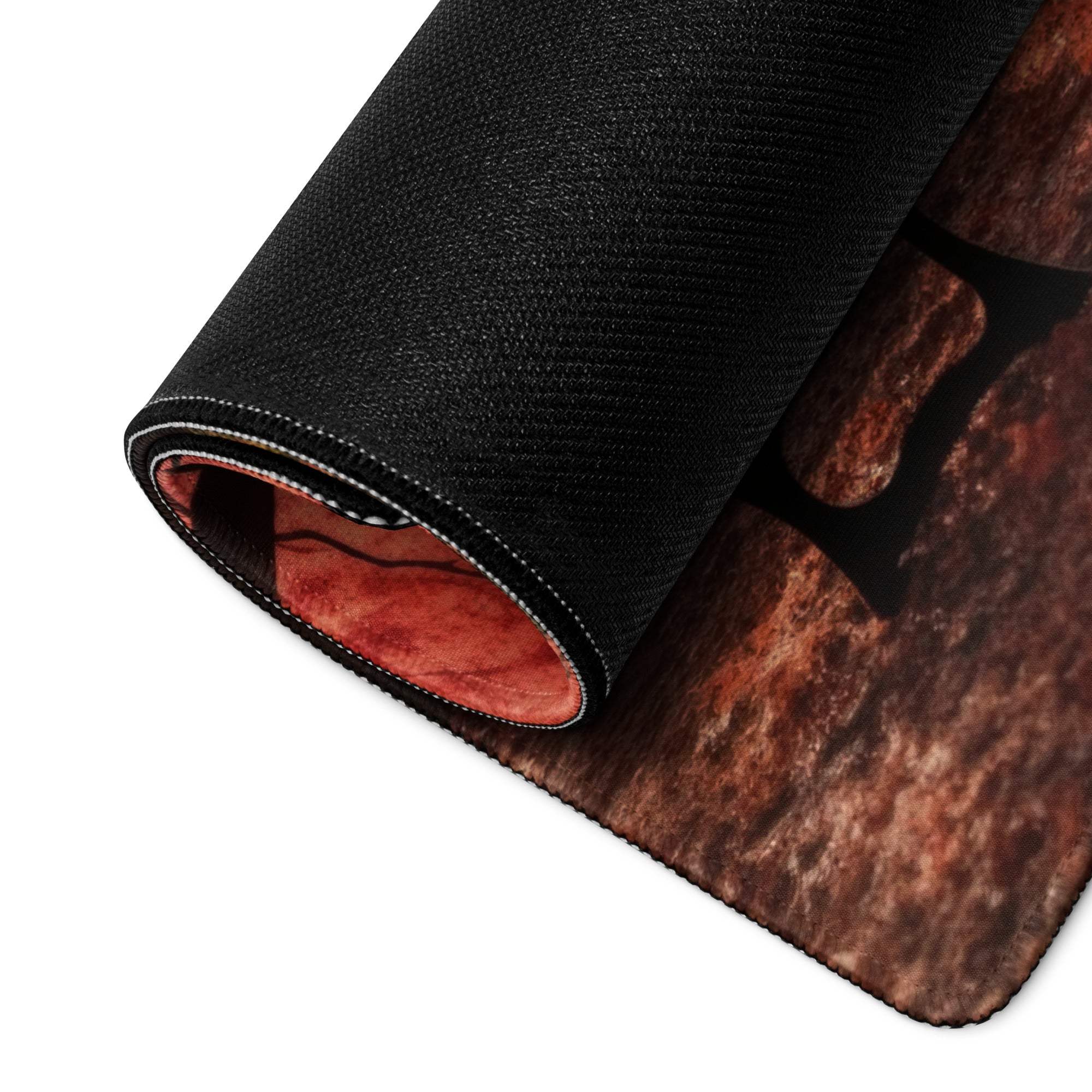 Black textured mousepad with rust autumn leaves riverside design and red lining