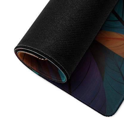 Black textured gaming mousepad with teal purple anime feathers and stitched edges
