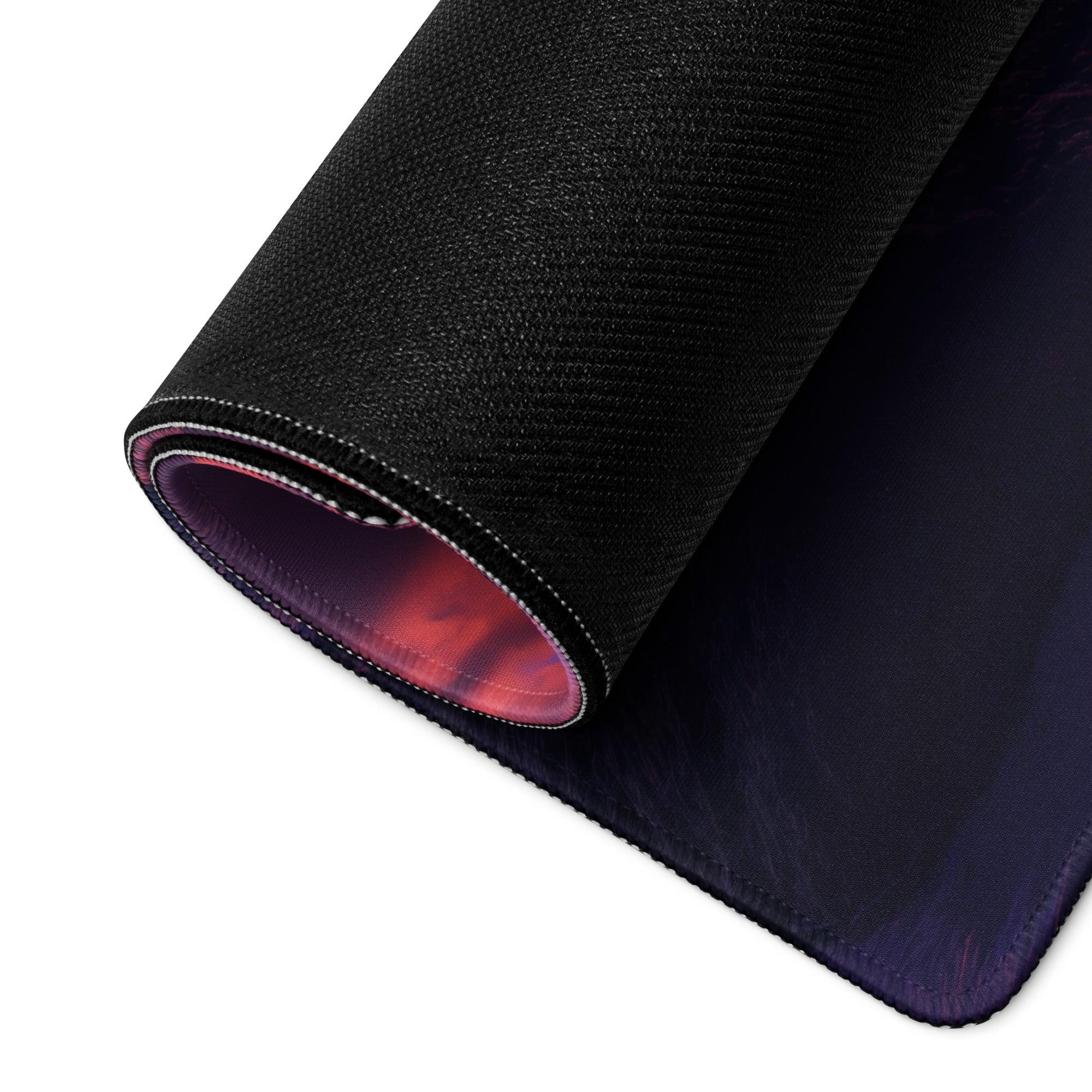 Back of Vibrant Sunset Beach gaming mouse pad with black textured non-slip base, purple-red gradient, stitched edges