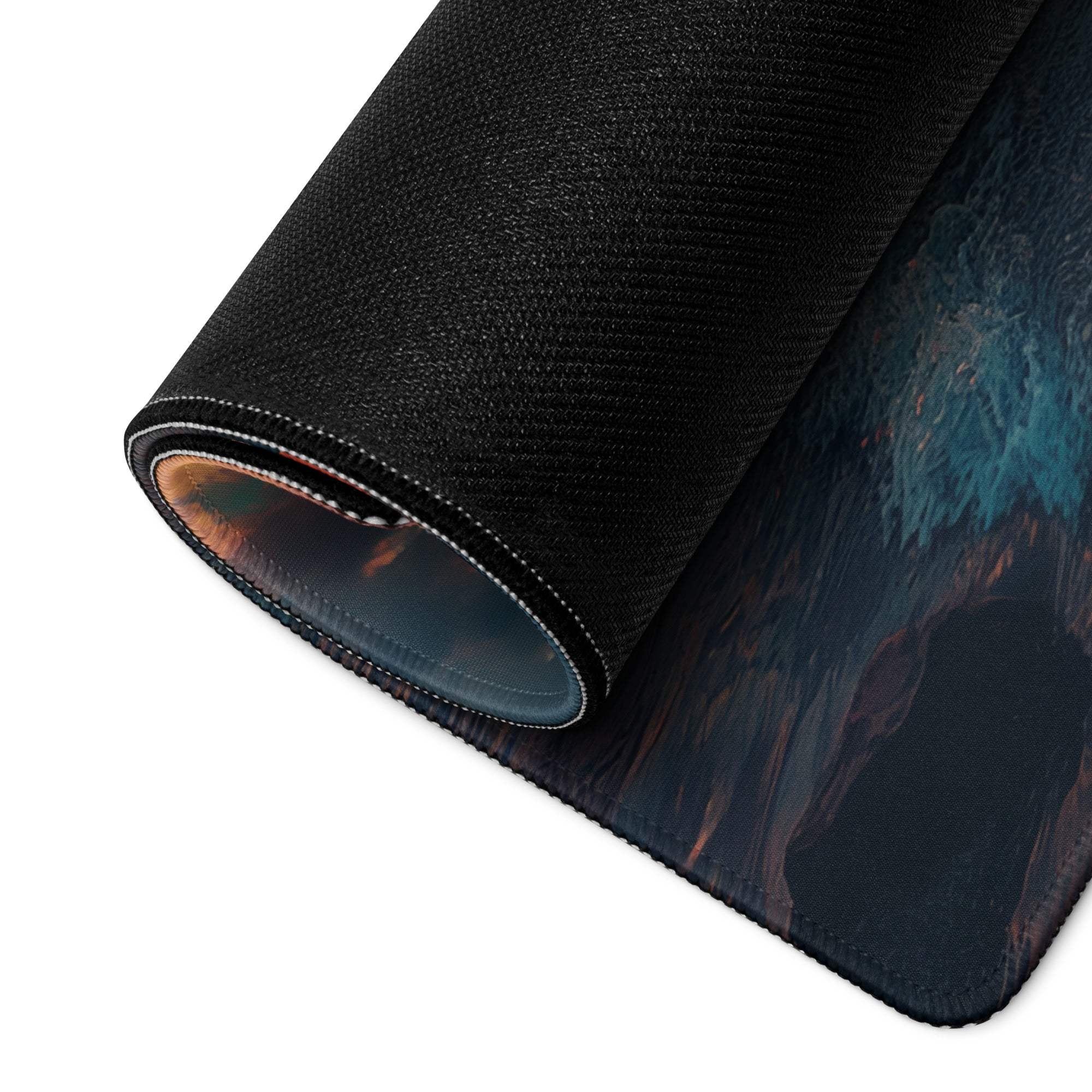 Black textured gaming mousepad with calm ocean sunset design in teal brown hues