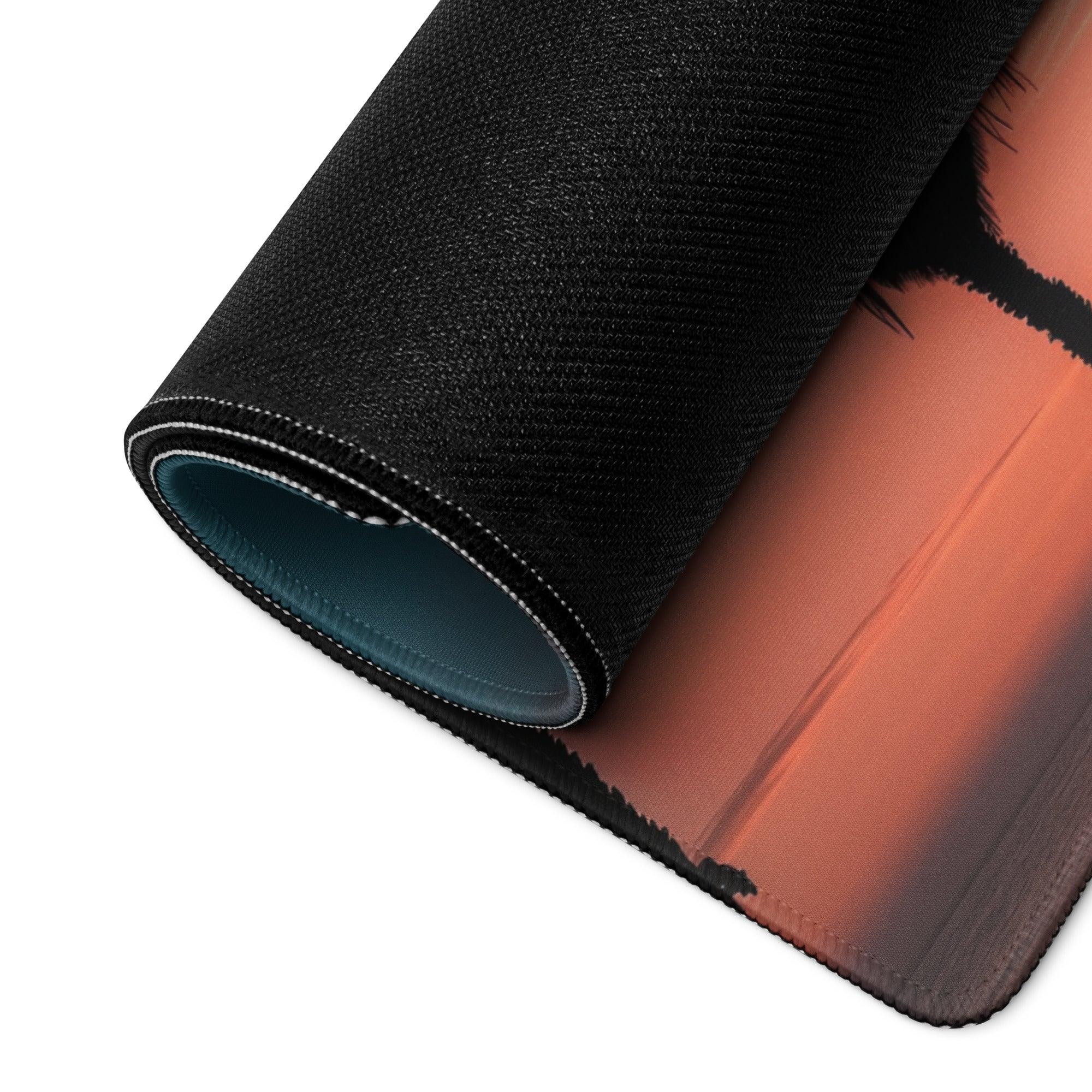 Black textured Vibrant Sunset Palm mousepad rolled to show teal lining