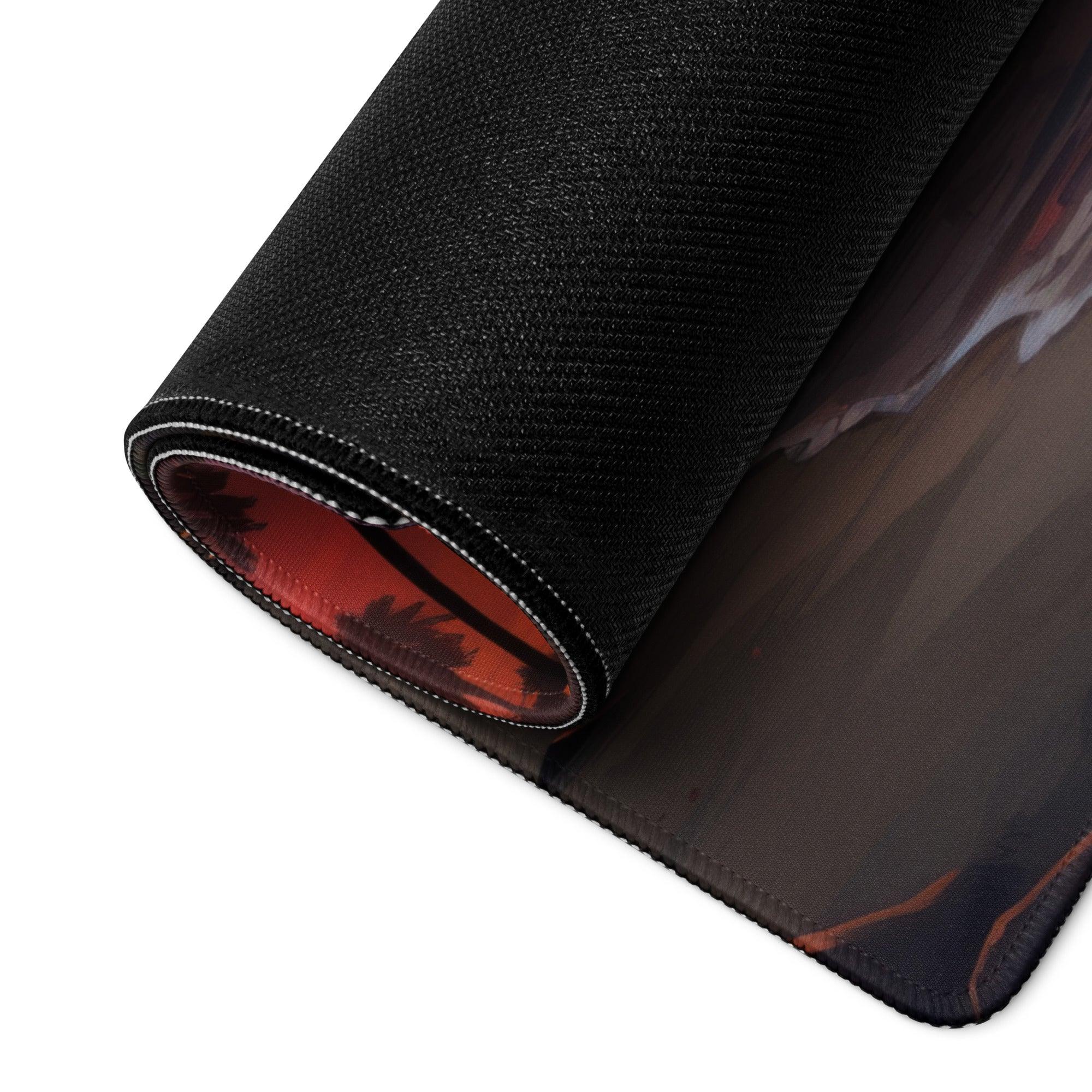 Underside of Sunset Beach Palm Tree Scene gaming mouse pad, black textured with red design