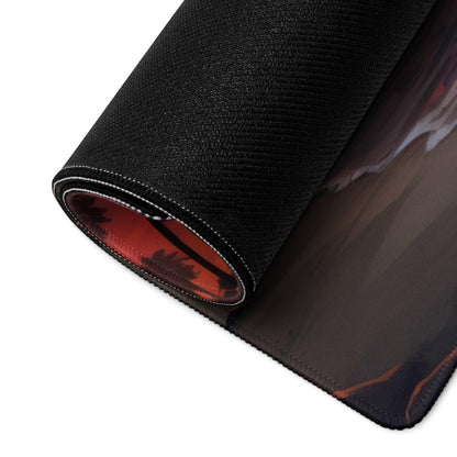 Underside of Sunset Beach Palm Tree Scene gaming mouse pad, black textured with red design