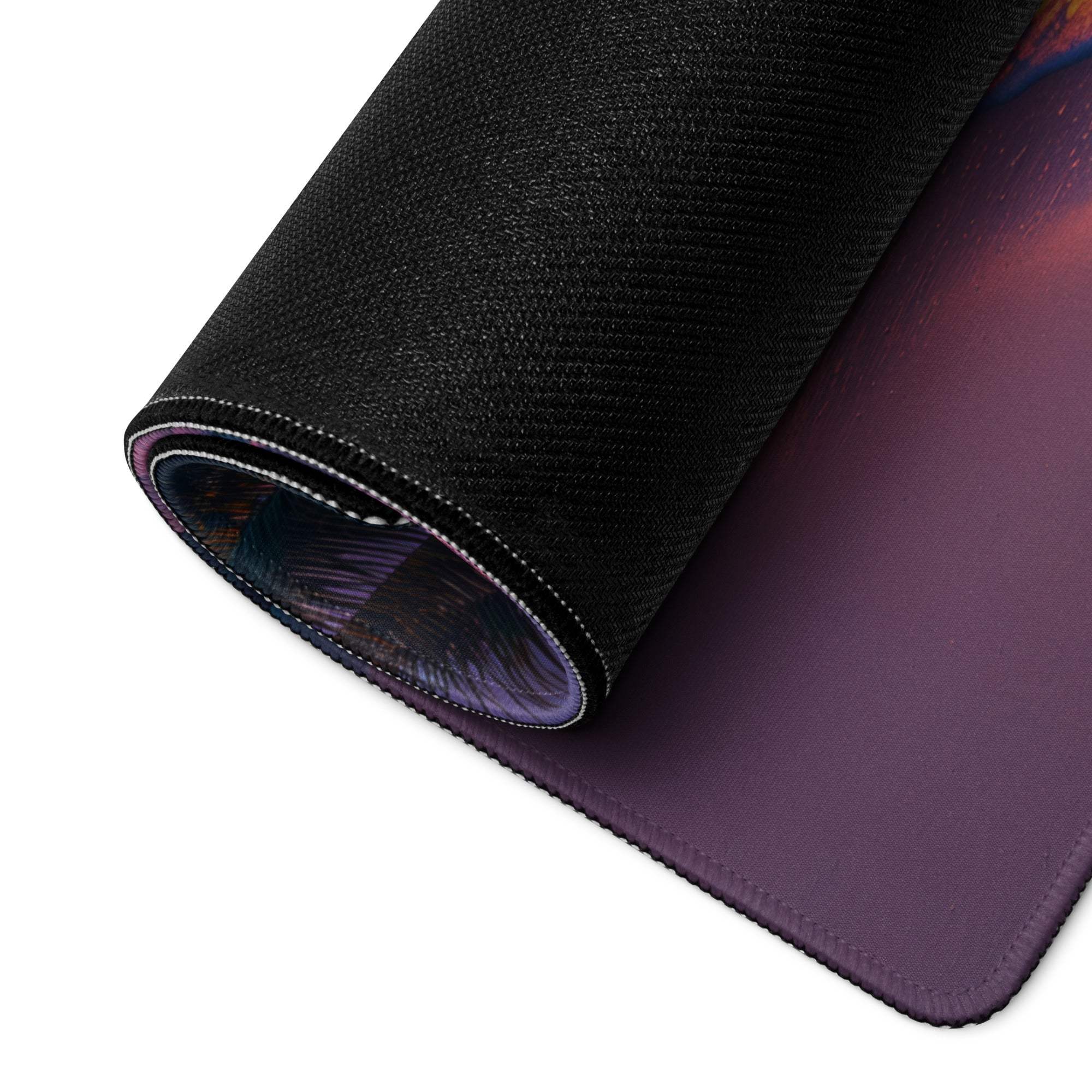 Black textured mousepad with vibrant purple blue sunset beach gradient