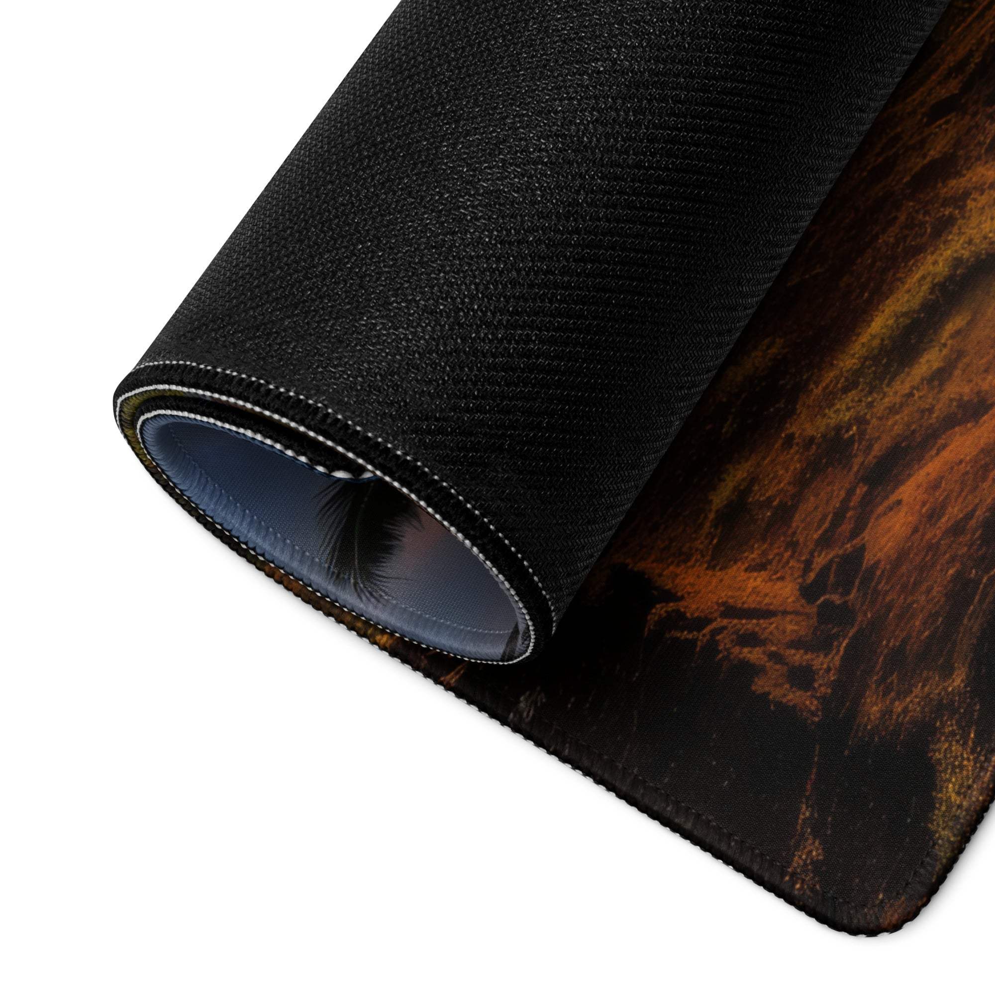 Black textured gaming mousepad with vibrant sunset ocean palm tree design, rolled edge, non-slip backing
