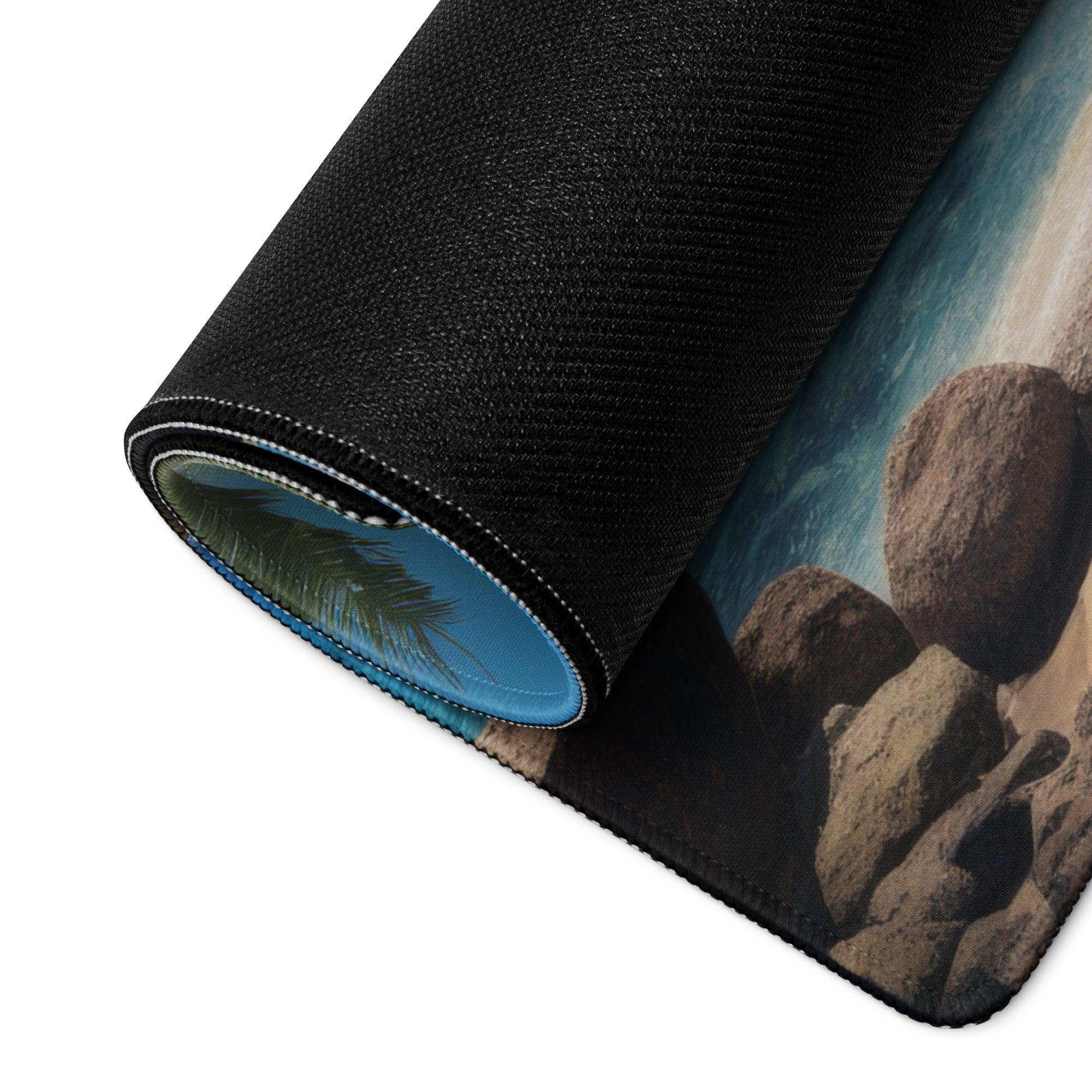 Black textured beach mousepad with rocks waves palm trees non-slip base stitching
