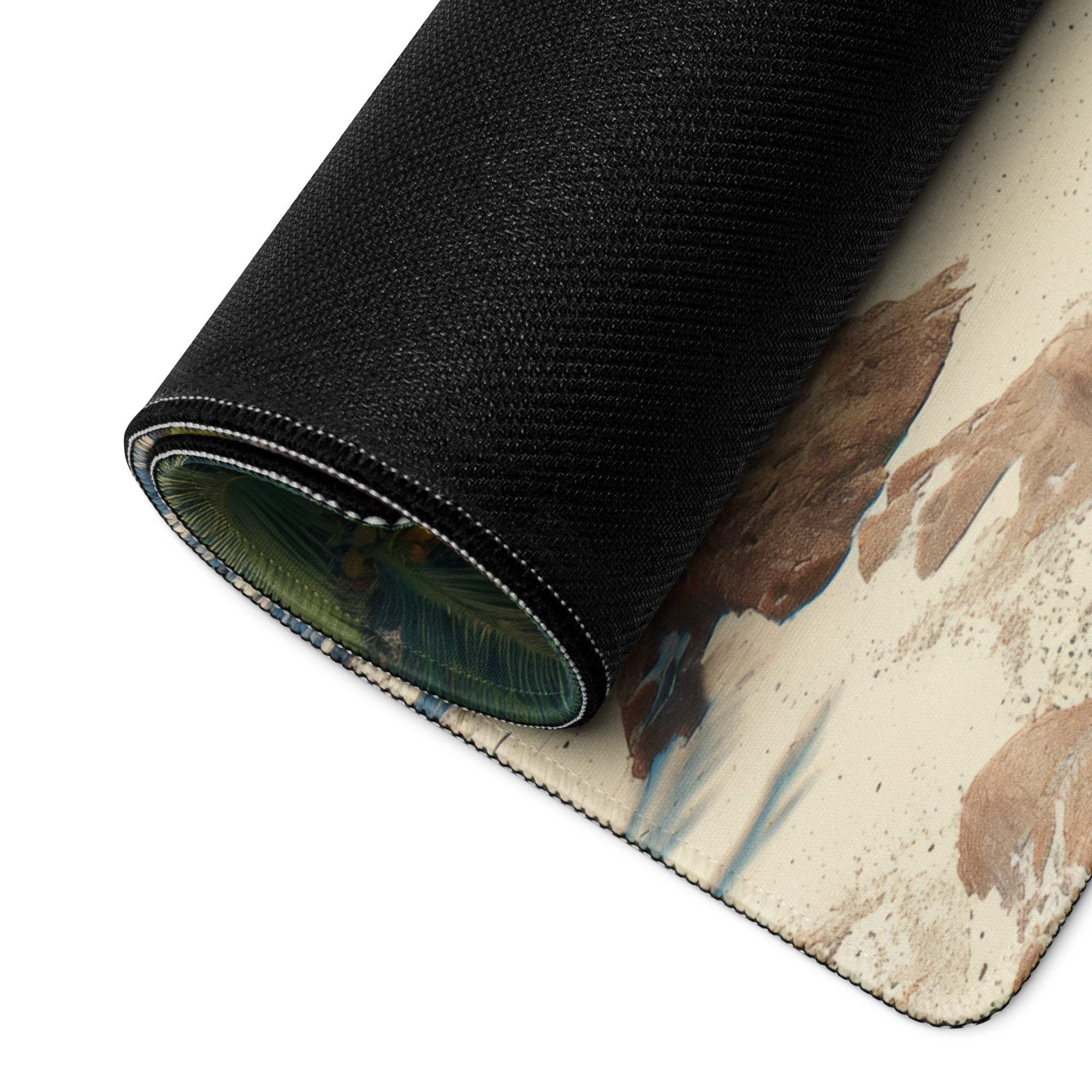 Black rolled-up textured mousepad with tropical beach scene design